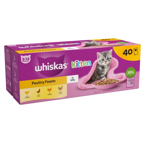 Whiskas Kitten 2-12mths Wet Cat Food Pouches Poultry Feasts in Jelly, 40 X 85g