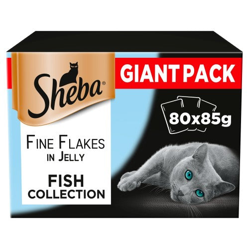 80pk Sheba Fine Flakes in Jelly - Fish | Wet Cat Food - 80 X 85g Pouches