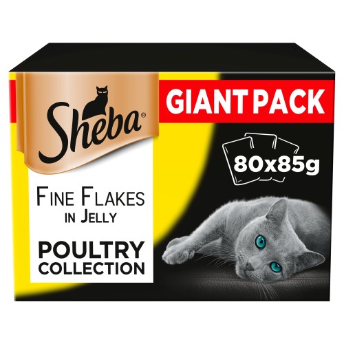 80 X 85g Sheba Fine Flakes Adult Wet Cat Food Pouches Mixed Poultry in Jelly