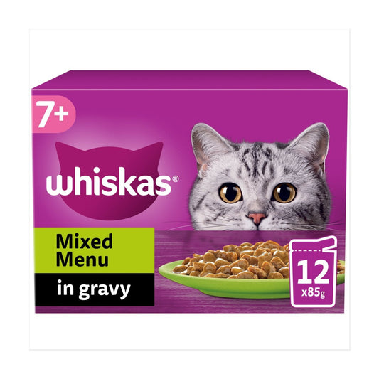 12 X 85g Whiskas 7+ Mixed Menu Senior Wet Cat Food Pouches in Gravy