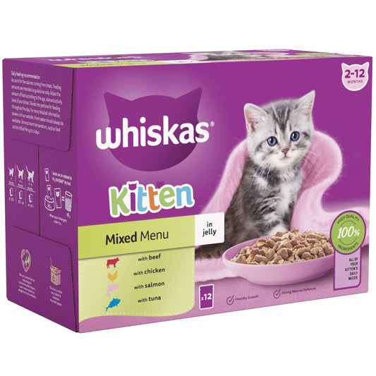 12 X 85g Whiskas Kitten Mixed Menu Wet Cat Food Pouches in Jelly