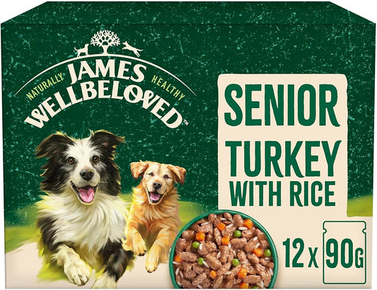 12 X 90g James Wellbeloved Senior Wet Dog Food Turkey in Gravy & Chicken in gravy Pouch
