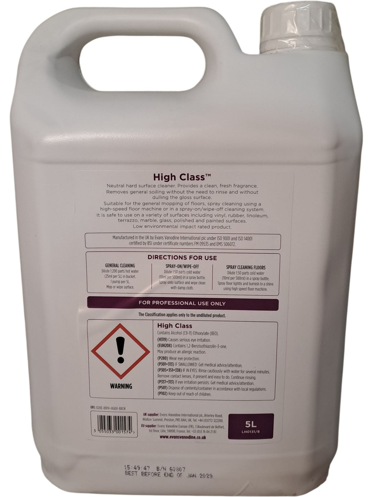 Evans Vanodine | High Class Neutral Hard Surface Cleaner | A139 | 5L
