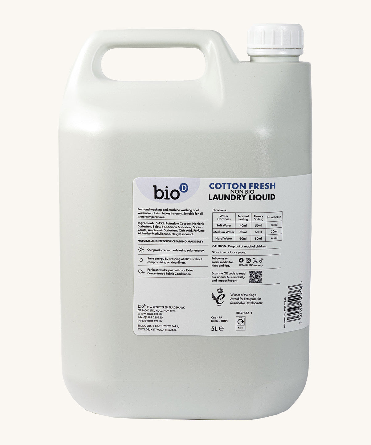Bio D| Non Bio Laundry Liquid| Cotton Fresh| 5L