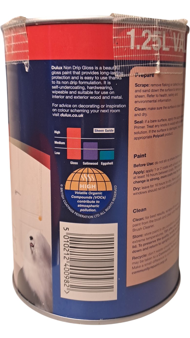 Dulux | Non Drip Gloss Paint | Pure Brilliant White | 1.25L